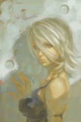 Rule 34 | 1girl, android, armlet, bare shoulders, black gloves, black tank top, blue eyes, breasts, commentary, from side, gloves, hair between eyes, highres, joints, kazama raita, large breasts, looking at viewer, mole, mole under mouth, nier:automata, nier (series), painting (action), pink lips, resolution mismatch, robot joints, short hair, sideboob, silver hair, solo, source larger, tank top, title, wall, a2 (nier:automata)