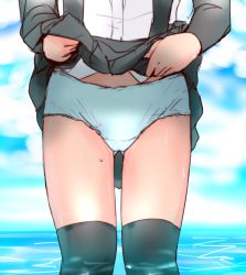 Rule 34 | 10s, 1girl, asashio (kancolle), bad id, bad pixiv id, black skirt, black thighhighs, blue panties, clothes lift, cloud, cloudy sky, day, horizon, kantai collection, legs apart, lifted by self, long sleeves, lower body, ocean, panties, pleated skirt, shirt, skirt, skirt lift, sky, solo, soubi, standing, suspender skirt, suspenders, thighhighs, underwear, water, water drop, wet, white shirt