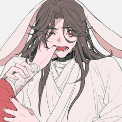 Rule 34 | 1boy, animal ears, bishounen, black hair, chinese clothes, choker, crying, crying with eyes open, highres, hua cheng, long hair, long sleeves, looking at another, male focus, rabbit boy, rabbit ears, shiyangtacit, tears, tianguan cifu, xie lian