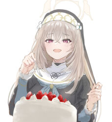 Rule 34 | 1girl, :d, blue archive, blue neckerchief, blush, cake, commentary request, food, fork, frills, habit, hair between eyes, halo, holding, holding fork, light brown hair, long hair, long sleeves, looking down, marulire, neckerchief, nun, open mouth, purple hair, sakurako (blue archive), simple background, sketch, smile, solo, upper body, white background