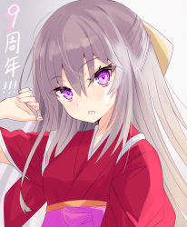 Rule 34 | 1girl, absurdres, blush, bow, commentary request, grey hair, hair between eyes, hair bow, hand up, highres, hizaka, japanese clothes, kamikaze (kancolle), kantai collection, kimono, looking at viewer, obi, open mouth, purple eyes, red kimono, sash, short sleeves, solo, sweat, tasuki, wide sleeves, yellow bow