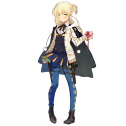 Rule 34 | 1girl, argyle, argyle clothes, argyle legwear, asymmetrical hair, black footwear, blonde hair, blue pantyhose, blue skirt, blush, bolt action, boots, box, braid, cardigan, closed mouth, full body, girls&#039; frontline, green eyes, gun, handgun, heart-shaped box, holding, holster, integral suppressor, integrally-suppressed firearm, looking at viewer, official alternate costume, official art, open cardigan, open clothes, pantyhose, pout, short hair, side ponytail, skirt, sleeves past wrists, solo, striped clothes, striped skirt, suppressor, thigh holster, transparent background, ushi (newrein), weapon, welrod, welrod mk ii, welrod mkii (english in love) (girls&#039; frontline), welrod mkii (girls&#039; frontline)