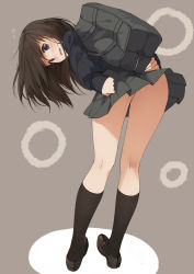 Rule 34 | 1girl, ass, backpack, bag, black socks, blue eyes, blush, brown hair, caidychen, flying sweatdrops, from behind, full body, kneehighs, kneepits, leaning, leaning forward, legs, loafers, long hair, looking at viewer, looking back, no panties, open mouth, original, school bag, school uniform, shoes, skirt, socks, solo, sweater, wavy mouth