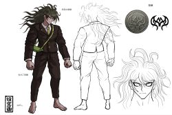 Rule 34 | 1boy, barefoot, blazer, brown hair, character sheet, clenched hands, concept art, danganronpa (series), danganronpa v3: killing harmony, full body, glasses, gokuhara gonta, highres, insect cage, jacket, komatsuzaki rui, long hair, looking at viewer, male focus, multiple views, necktie, official art, pants, red eyes, round eyewear, school uniform, white background