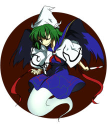 Rule 34 | 1girl, blood, capelet, dress, female focus, ghost, ghost tail, green eyes, green hair, hat, highly responsive to prayers, hiseki (tknkkm), knife, long hair, matching hair/eyes, mima (touhou), one eye closed, ribbon, sailor dress, simple background, smile, solo, touhou, touhou (pc-98), wings, wink