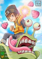 Rule 34 | absurdres, digimon, digivice, hat, highres, mameo (digimon), numemon, open mouth, red eyes, teeth