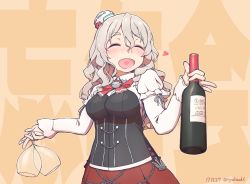 Rule 34 | 1girl, anchor, blush, bottle, bow, bowtie, commentary, corset, cup, dated, drinking glass, drunk, closed eyes, grey hair, hat, heart, heart in mouth, holding, holding bottle, holding cup, holding drinking glass, kantai collection, mini hat, miniskirt, nakaaki masashi, pola (kancolle), red skirt, shirt, skirt, solo, twitter username, upper body, wavy hair, white shirt, wine bottle, wine glass
