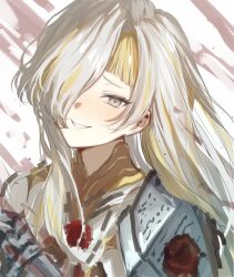 Rule 34 | 1girl, alternate hair length, alternate hairstyle, armor, blonde hair, blush, commentary, grey eyes, grey hair, hair over one eye, kanmei, kromer (project moon), limbus company, long hair, looking at viewer, multicolored hair, one eye covered, pauldrons, portrait, project moon, shoulder armor, sidelocks, single pauldron, smile, solo, streaked hair, symbol-only commentary, teeth, two-tone hair, wax seal