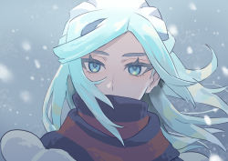 Rule 34 | 1boy, aqua eyes, aqua hair, commentary request, creatures (company), elemoncake, eyelashes, floating hair, game freak, grusha (pokemon), highres, long hair, looking at viewer, male focus, nintendo, outdoors, pokemon, pokemon sv, portrait, scarf, scarf over mouth, snowing, solo, striped clothes, striped scarf