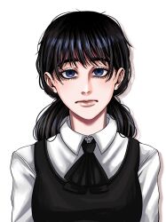 1girl ascot black_ascot black_hair blue_eyes chainsaw_man commentary eyelashes fourth_east_high_school_uniform frown highres lips low_twintails mitaka_asa portrait school_uniform shirt solo twintails white_shirt wischkaa