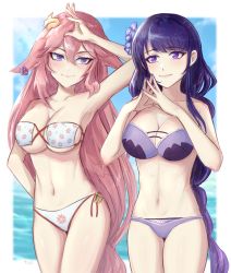Rule 34 | 2girls, animal ears, arm up, armpits, bare arms, bare shoulders, bikini, blue sky, breasts, cleavage, collarbone, commentary request, cowboy shot, day, dress, eyepatch bikini, fox ears, genshin impact, grin, hair between eyes, hair ornament, highres, large breasts, long braid, long hair, looking at viewer, multiple girls, navel, ocean, outdoors, own hands together, parted lips, pink hair, purple bikini, purple eyes, purple hair, raiden shogun, sky, smile, standing, steepled fingers, stomach, strapless, strapless bikini, strapless dress, swimsuit, taiyo (foxtaiyo), thighs, very long hair, water, white bikini, yae miko