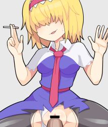 Rule 34 | 1boy, 1girl, alice margatroid, bar censor, between breasts, black pantyhose, blonde hair, blue dress, breasts, capelet, censored, cigarette, clothed sex, clothing aside, collared capelet, commentary, cookie (touhou), cowboy shot, dress, frilled hairband, frills, grey background, hair between eyes, hair over eyes, hairband, hetero, holding, holding cigarette, hospital king, jigen (cookie), long bangs, medium breasts, medium hair, necktie, necktie between breasts, panties, panties aside, pantyhose, penis, pussy, red hairband, red necktie, red sash, sash, sex, simple background, solo focus, textless version, torn clothes, torn pantyhose, touhou, underwear, vaginal, white capelet, white panties