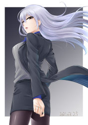 Rule 34 | 1girl, absurdres, black jacket, black pantyhose, black skirt, blue nails, blue shirt, border, brown eyes, commentary request, dated, earrings, gradient background, grey background, grey vest, highres, idolmaster, idolmaster cinderella girls, jacket, jewelry, long hair, looking at viewer, looking back, nail polish, open mouth, pantyhose, shirt, silver hair, skirt, solo, takamine noa, very long hair, vest, white border, yuhata yatsuka