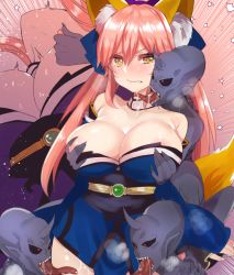 Rule 34 | 1girl, animal ear fluff, animal ears, blue kimono, breasts, detached sleeves, fate/extra, fate (series), fox ears, fox girl, fox tail, grabbing, grabbing another&#039;s breast, grabbing from behind, groping, horns, japanese clothes, kimono, large breasts, licking thigh, long hair, mamemix, nipple stimulation, nipple tweak, nipples, pink hair, single horn, tail, tamamo (fate), tamamo no mae (fate/extra), twintails, yellow eyes