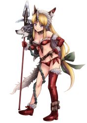 Rule 34 | 1girl, animal ears, belt, bikini, blonde hair, blue eyes, boots, breasts, chair, commentary request, elbow gloves, fenrir knight, fur trim, gloves, hand on own hip, highres, horns, kouno hikaru, long hair, looking at viewer, low-tied long hair, navel, pelt, polearm, red bikini, riesz, seiken densetsu, seiken densetsu 3, single horn, single thigh boot, small breasts, smile, solo, spear, swimsuit, thigh boots, thighhighs, weapon, white background, wolf ears