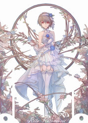 Rule 34 | 1girl, absurdres, bare shoulders, blue flower, breasts, brown hair, character name, crossed legs, dress, flower, frilled gloves, frilled thighhighs, frills, full body, garter straps, gloves, grey background, hair between eyes, hair flower, hair ornament, hairband, hhs240, high heels, highres, honkai (series), honkai impact 3rd, looking at viewer, parted lips, pleated dress, red eyes, rita rossweisse, rita rossweisse (artemis), shoes, short hair, simple background, sleeveless, sleeveless dress, small breasts, smile, solo, standing, thighhighs, white dress, white footwear, white gloves, white hairband
