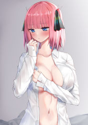 Rule 34 | 1girl, blue eyes, breasts, cleavage, collarbone, collared shirt, embarrassed, go-toubun no hanayome, gradient background, grey background, highres, large breasts, long hair, long sleeves, looking down, nakano nino, naked shirt, navel, open clothes, open shirt, pink hair, piripun, shirt, solo, stomach, two side up, upper body, white shirt