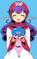Rule 34 | 1girl, ^ ^, blue background, blush, closed eyes, copyright name, dragon quest, dragon quest ii, dress, hood, long hair, mzh, open mouth, princess of moonbrook, purple eyes, purple hair, solo, staff