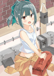 Rule 34 | 10s, 1girl, alternate costume, bare shoulders, beritabo, blunt bangs, bow, collarbone, commentary request, grey hair, hair bow, kantai collection, looking at viewer, looking up, midriff, navel, open mouth, ponytail, short hair, solo, tank top, toolbox, yuubari (kancolle)