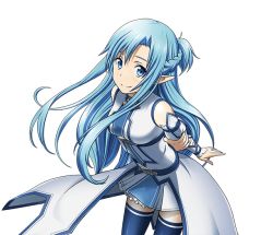 Rule 34 | 1girl, arms behind back, asuna (sao-alo), blue eyes, blue hair, blue thighhighs, breasts, cleavage, detached sleeves, dress, floating hair, leaning forward, long hair, looking at viewer, medium breasts, pleated dress, pointy ears, shirt, short dress, sleeveless, sleeveless shirt, smile, solo, standing, sword art online, thighhighs, transparent background, very long hair, zettai ryouiki