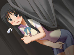 Rule 34 | 1girl, akiyama mio, awa, black eyes, black hair, blush, bodypaint, breasts, covering privates, covering breasts, covering crotch, curtains, dutch angle, embarrassed, false clothes, flying sweatdrops, indoors, k-on!, leaning forward, long hair, looking at viewer, nipples, nude, nude cover, painted clothes, public indecency, solo