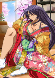 Rule 34 | 1girl, antenna hair, blue eyes, breasts, cleavage, hair between eyes, ikkitousen, japanese clothes, kimono, large breasts, long hair, looking at viewer, purple hair, sitting, smile, solo, very long hair, window