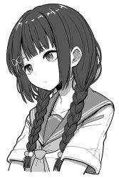 Rule 34 | 1girl, absurdres, amemori sayo, arms at sides, braid, closed mouth, collarbone, cropped torso, expressionless, from side, greyscale, hair over shoulder, hair ribbon, highres, long bangs, long hair, looking ahead, low twin braids, monochrome, neckerchief, nijisanji, ribbon, sailor collar, school uniform, shirt, short sleeves, sidelocks, simple background, solo, tanakara, twin braids, virtual youtuber, white background, wispy bangs