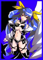 Rule 34 | 1girl, asymmetrical wings, bare shoulders, blue hair, breasts, choker, cleavage, dizzy (guilty gear), guilty gear, iwamoto eiri, large breasts, long hair, looking at viewer, red eyes, ribbon, solo, tail, tail ornament, tail ribbon, thighhighs, underboob, wings