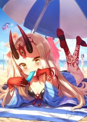 Rule 34 | 1girl, beach, bikini, black bikini, blonde hair, blue sky, breasts, day, facial mark, fang, fang out, fate/grand order, fate (series), fingernails, forehead mark, front-tie top, highres, horns, ibaraki douji (fate), ibaraki douji (swimsuit lancer) (first ascension) (fate), looking at viewer, lying, nero claudius (fate), nero claudius (fate) (all), nero claudius (fate/extra), nero claudius (swimsuit caster) (fate), ocean, on stomach, oni, outdoors, pointy ears, sharp fingernails, shuten douji (fate), skin-covered horns, sky, swimsuit, tamamo (fate), tamamo no mae (fate/extra), tamamo no mae (swimsuit lancer) (fate), tattoo, the pose, yapo (croquis side)