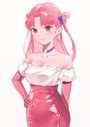 Rule 34 | 1girl, absurdres, bare shoulders, blush, bow, character request, choker, collarbone, copyright request, elbow gloves, gloves, hair bow, high-waist skirt, highres, long hair, looking at viewer, off-shoulder shirt, off shoulder, pencil skirt, pink eyes, pink gloves, pink hair, pink skirt, puffy short sleeves, puffy sleeves, purple bow, purple choker, shirt, short sleeves, simple background, skirt, solo, two side up, upper body, white shirt, yinghuahua