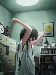 Rule 34 | 1girl, absurdres, alcohol, ambiguous gender, arms up, bare arms, black hair, book, bookshelf, clock, closed eyes, closed mouth, emoji, from side, gishiki (gshk), highres, indoors, lamp, long hair, original, photo (object), plant, poster (object), potted plant, profanity, radio, room, shelf, shirt, short sleeves, solo, stuffed animal, stuffed toy, teddy bear, upper body, white shirt