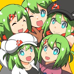 Rule 34 | 6+girls, :d, ;d, ^ ^, absurdres, bare shoulders, black headwear, black shirt, blue eyes, borrowed character, breasts, brown gloves, cabbie hat, closed eyes, closed mouth, commentary request, fujishiro nekomata, gloves, green hair, hair between eyes, hair ornament, hairclip, hat, highres, jacket, japanese clothes, kimono, long hair, medium breasts, multiple girls, multiple persona, one eye closed, open clothes, open jacket, open mouth, original, purple kimono, red scarf, scarf, shirt, simple background, smile, white headwear, white jacket, yellow background, yunomiya agari