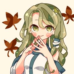 Rule 34 | 1girl, bare shoulders, blush stickers, breasts, brown background, closed mouth, detached wings, frog hair ornament, green eyes, green hair, hair between eyes, hair ornament, hair tubes, kochiya sanae, leaf, leaf background, long hair, looking at viewer, nako7575ko, own hands together, shirt, simple background, small breasts, snake hair ornament, solo, steepled fingers, touhou, upper body, white shirt, wings