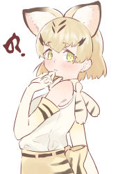 Rule 34 | 1girl, ?, absurdres, animal ear fluff, animal ears, bad id, bad pixiv id, bare shoulders, blonde hair, cat ears, commentary, elbow gloves, extra ears, from side, gloves, green eyes, hand on own chin, highres, japari symbol, kemono friends, kona ming, looking at viewer, parted lips, print gloves, print neckwear, print skirt, sand cat (kemono friends), sand cat print, shirt, short hair, simple background, skirt, sleeveless, sleeveless shirt, solo, white background, white shirt