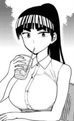 Rule 34 | 1girl, breasts, drinking, ebino mei, hatsukoi zombie, large breasts, long hair, lowres, monochrome, official art, ponytail, shirt, sleeveless, sleeveless shirt, thick eyebrows