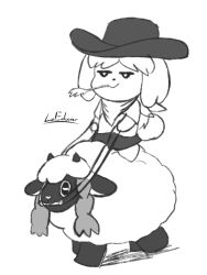 Rule 34 | animal crossing, cowboy hat, creatures (company), game freak, gen 8 pokemon, hat, isabelle (animal crossing), lueduar, mouth hold, nintendo, pokemon, sitting on animal, sketch, stalk in mouth, white background, wooloo