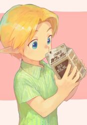 Rule 34 | 1boy, blonde hair, blue eyes, child, chocolate, chocolate milk, drinking, food, green shirt, highres, holding carton, link, male focus, milk, milk carton, nintendo, olxexlo, pointy ears, shirt, solo, the legend of zelda, the legend of zelda: ocarina of time, upper body, young link