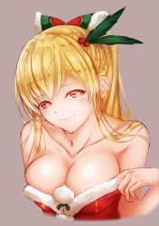Rule 34 | 1girl, bare shoulders, blonde hair, breasts, christmas, cleavage, cropped torso, granblue fantasy, grey background, large breasts, long hair, looking at viewer, santa costume, smile, solo, vira (granblue fantasy), wakaba (945599620)