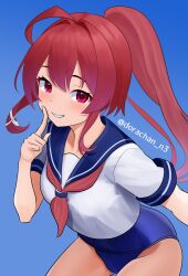 Rule 34 | 1girl, blue background, blush, breasts, covered navel, cowboy shot, dorachan r, hair ornament, hair ribbon, highres, i-168 (kancolle), kantai collection, long hair, looking at viewer, one-piece swimsuit, ponytail, red eyes, red hair, ribbon, school swimsuit, school uniform, small breasts, smile, solo, swimsuit, twitter username