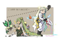 Rule 34 | 2girls, asymmetrical gloves, bag, black footwear, black gloves, border, camouflage, camouflage pants, cape, closed mouth, confetti, creatures (company), dual persona, electric miku (project voltage), fossil, game freak, gen 3 pokemon, gen 4 pokemon, gloves, great ball, green eyes, green hair, ground miku (project voltage), hat, hatsune miku, holding, holding clothes, holding hat, holding rock, holding staff, jumpsuit, kokorori-p, long hair, mismatched gloves, multiple girls, nintendo, on one knee, open mouth, pants, poke ball, poke ball (basic), pokemon, project voltage, red eyes, red gloves, ribbon, rock, rotom, rotom (normal), sparkle, squiggle, staff, translation request, ultra ball, unamused, very long hair, vibrava, vocaloid, white bag, white border, white cape, white gloves, white jumpsuit