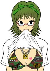 Rule 34 | bow, bra, clothes lift, glasses, green hair, hair bow, kzm, lingerie, lock, mouth hold, shirt lift, short hair, solo, underwear