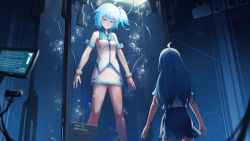 Rule 34 | 2girls, bili girl 22, bili girl 33, bilibili, blue hair, blue skirt, bubble, character name, copyright name, closed eyes, facing another, highres, long hair, looking at another, looking away, mool yueguang, multiple girls, short hair, short sleeves, side ponytail, skirt, sleeveless