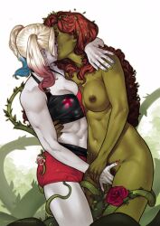 Rule 34 | 2girls, asymmetrical docking, batman (series), breast press, breasts, cleavage, clothed female nude female, colored skin, crop top, dc comics, dima ivanov, female pubic hair, florakinesis, flower, freckles, green skin, hair dye, harley quinn, highres, kiss, leaf, leaf on head, medium breasts, multiple girls, navel, nipples, nude, pale skin, plant, poison ivy, pubic hair, red hair, red nails, short shorts, shorts, stomach, tentacles, tentacles under clothes, toned, twintails, vines, yuri