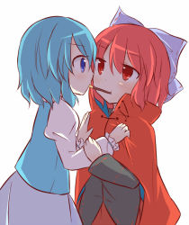 Rule 34 | 2girls, bandaged neck, bandages, blue eyes, blue hair, blush, bow, cape, eye contact, food, hair bow, hands on another&#039;s chest, high collar, imminent kiss, jitome, juliet sleeves, large bow, long sleeves, looking at another, multiple girls, pocky, pocky day, pocky kiss, puchimirin, puffy sleeves, red eyes, red hair, sekibanki, shared food, short hair, skirt, tatara kogasa, touhou, tunic, yuri