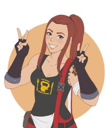 Rule 34 | 1girl, absurdres, black gloves, breasts, brigitte (overwatch), brown eyes, brown hair, cleavage, clothes writing, commentary, double v, elbow gloves, evomanaphy, fingerless gloves, freckles, gloves, grin, highres, long hair, overalls, overwatch, overwatch 1, ponytail, shoulder tattoo, sidelocks, sleeveless, smile, solo, tank top, tattoo, transparent background, v