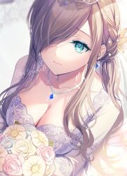 Rule 34 | 1girl, blue eyes, blue gemstone, bouquet, braid, breasts, bridal veil, bride, brown hair, cleavage, closed mouth, collarbone, commentary request, dress, earrings, eyelashes, flower, french braid, from above, gem, glint, hair ornament, hair over one eye, holding, holding bouquet, jewelry, large breasts, light blush, long hair, looking up, low ponytail, necklace, pearl hair ornament, pearl necklace, shuragyoku mami, sidelocks, solo, sparkle, swept bangs, tales of (series), tales of the abyss, tales of the rays, tear grants, tiara, twitter username, upper body, veil, wedding dress, white dress