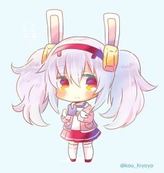 Rule 34 | 1girl, animal ears, azur lane, blue background, blush, camisole, chibi, closed mouth, commentary request, full body, hair between eyes, hair ornament, hairband, holding, jacket, kou hiyoyo, laffey (azur lane), long hair, long sleeves, off shoulder, open clothes, open jacket, pink jacket, pleated skirt, rabbit ears, red eyes, red hairband, red skirt, sidelocks, silver hair, skirt, sleeves past wrists, smile, solo, standing, thighhighs, twintails, twitter username, very long hair, white camisole, white thighhighs