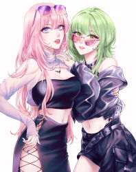 Rule 34 | 2girls, belt, blue eyes, breasts, criss-cross halter, eyelashes, eyewear on head, green eyes, green hair, gumi, halterneck, hand around waist, hand on another&#039;s shoulder, highres, jewelry, large breasts, lipstick, long hair, looking at viewer, makeup, medium hair, megurine luka, midriff, multiple girls, nail polish, navel, necklace, pink-tinted eyewear, pink hair, purple-tinted eyewear, sapphirez39, shorts, shrug (clothing), simple background, smile, strapless, sunglasses, tinted eyewear, tube top, very long hair, vocaloid, white background