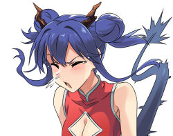 Rule 34 | 1girl, arknights, bare shoulders, blue hair, blush, breasts, ch&#039;en (ageless afterglow) (arknights), ch&#039;en (arknights), china dress, chinese clothes, cleavage, cleavage cutout, clothing cutout, double bun, dragon girl, dragon horns, dragon tail, dress, closed eyes, facing viewer, hair between eyes, hair bun, horns, liang chan xing make tu, medium breasts, open mouth, red dress, red eyes, sidelocks, sleeveless, sleeveless dress, slit pupils, sneezing, solo, tail, tears