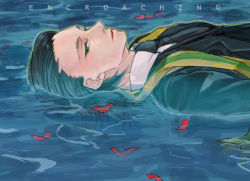 Rule 34 | 1boy, animification, bad id, bad pixiv id, black hair, formal, goku2036, green eyes, hair slicked back, loki (marvel), male focus, marvel, marvel cinematic universe, partially submerged, petals, scarf, solo, suit